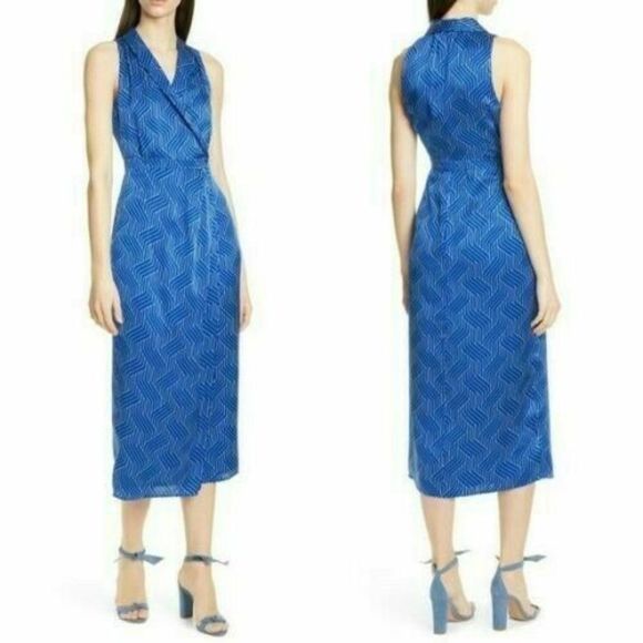 Equipment‎ Size 10 Katherine Blue Silk Geo Pattern Wrap Sleeveless Midi Dress - Picture 4 of 12